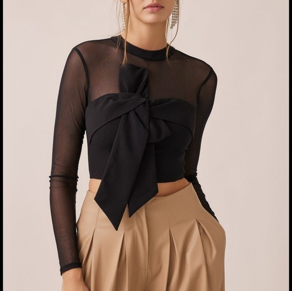 NWT Idem Ditto Elegant Black Mesh Sheer Long Sleeve Top Cropped Zip Back Size S